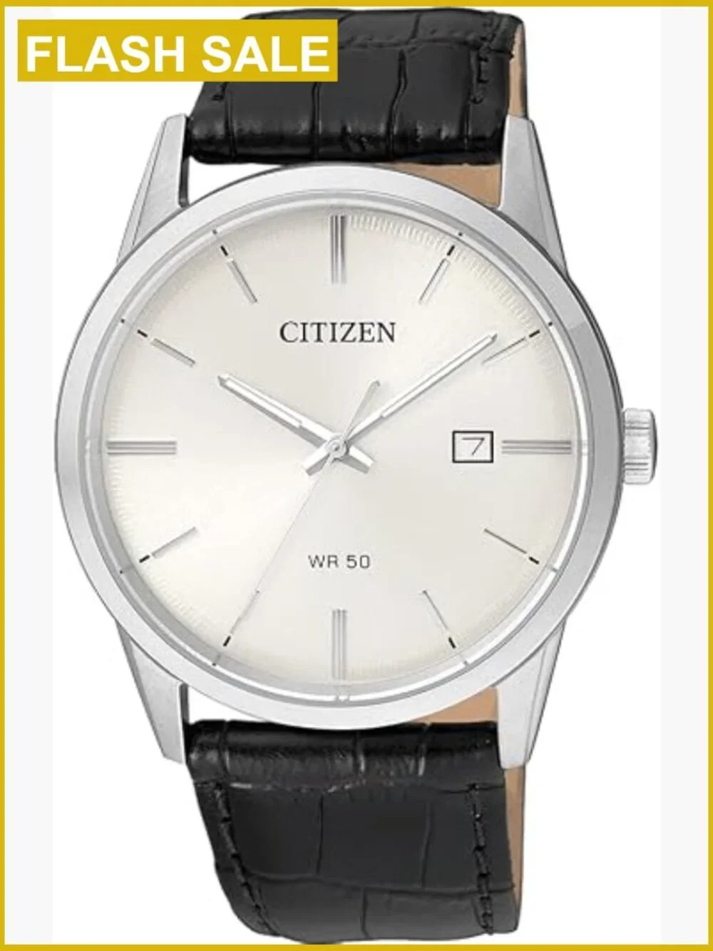 Men's Quartz Wrist Watch with Stainless Steel Case and Leather Strap